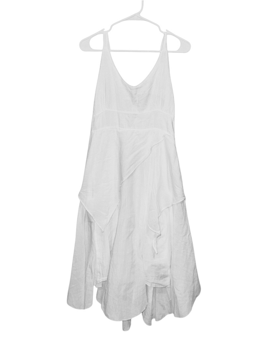 blanc du nil White Layered Cotton Hippie Boho Coastal V-Neck Midi Strap Dress - Picture 2 of 8
